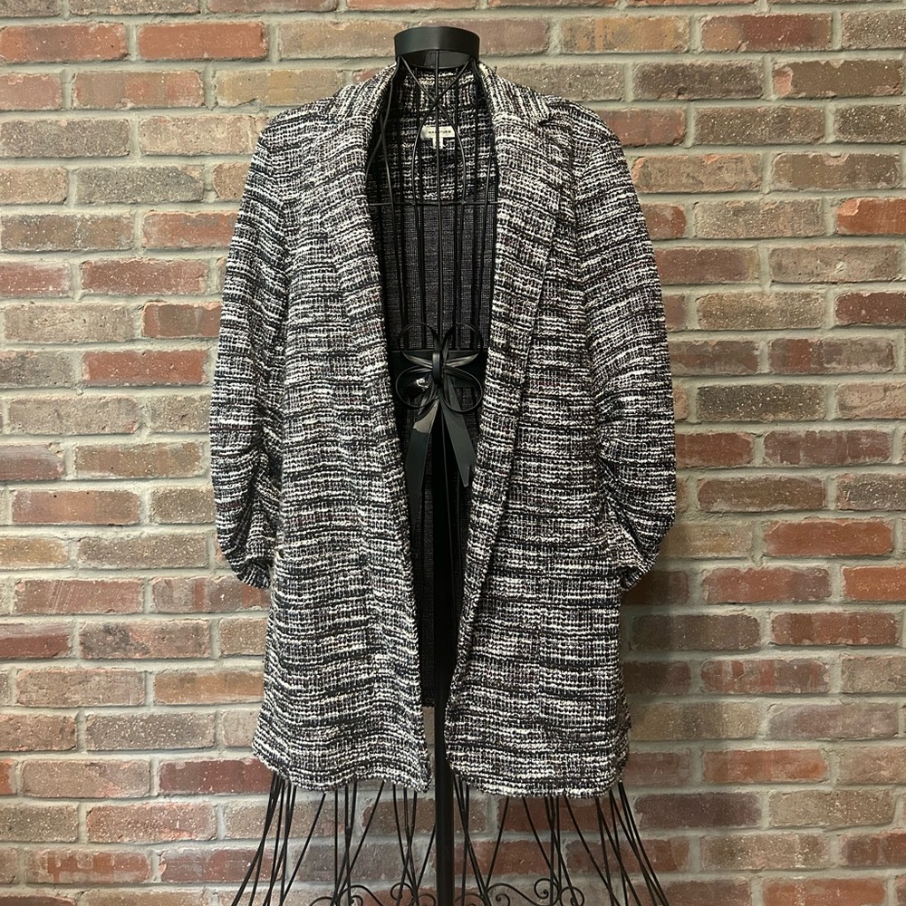 Max Studio Black & White Blazer with Burgundy Threading Throughout, Size Large
